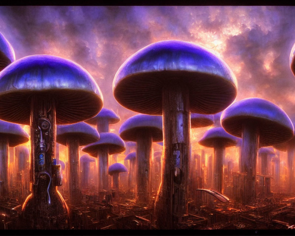 Fantasy landscape featuring oversized glowing blue mushrooms and dystopian cityscape.