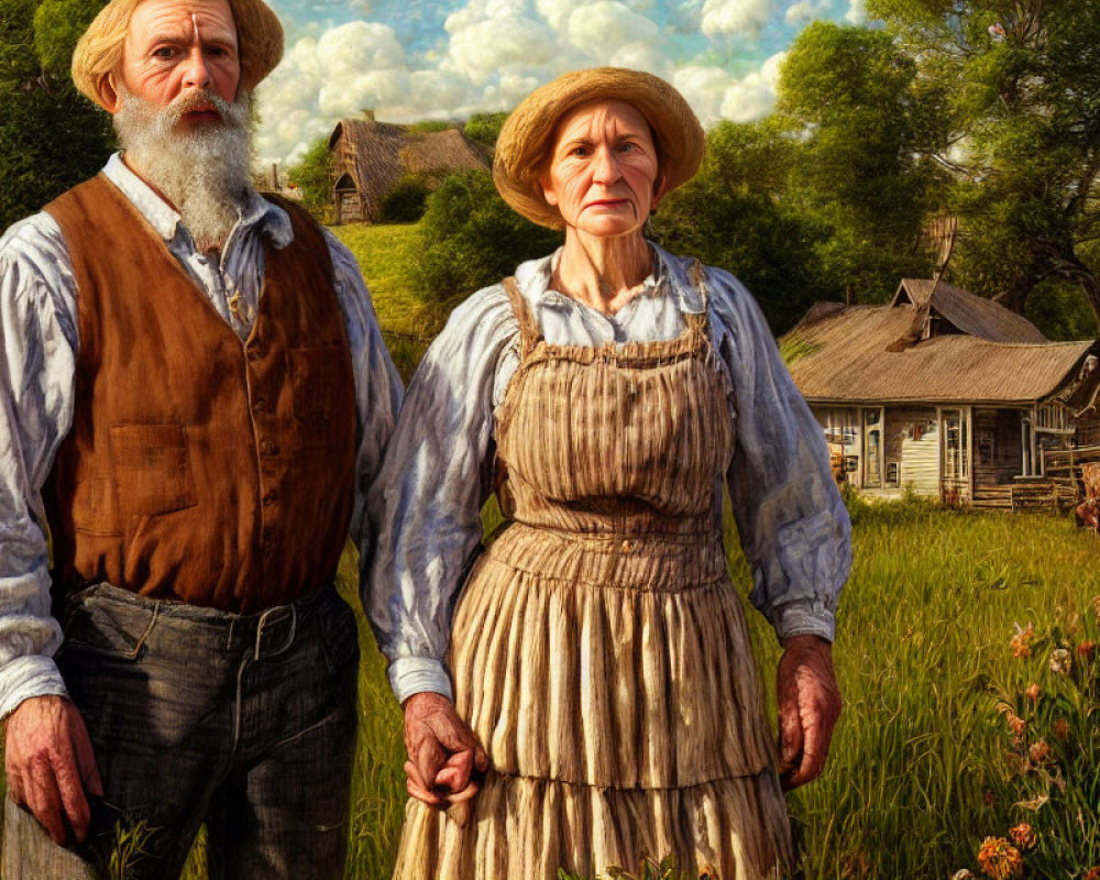 Elderly couple in vintage farm clothing in rural field