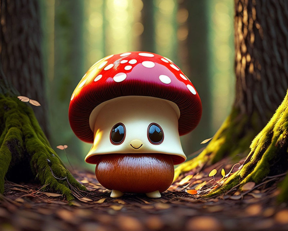 Animated character with red mushroom cap in sunlit forest