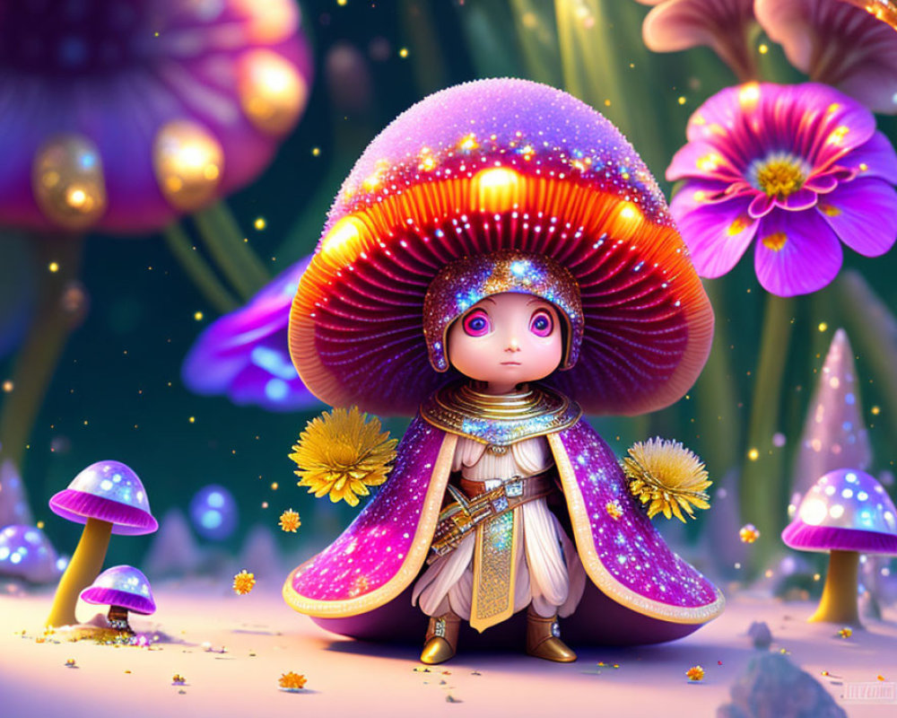Fantasy character with mushroom cap hat in vibrant landscape