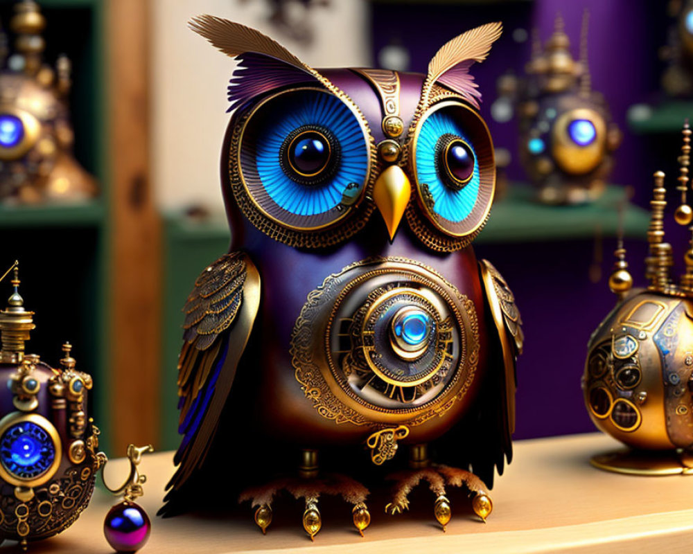 Detailed Steampunk Owl Artwork with Mechanical Features