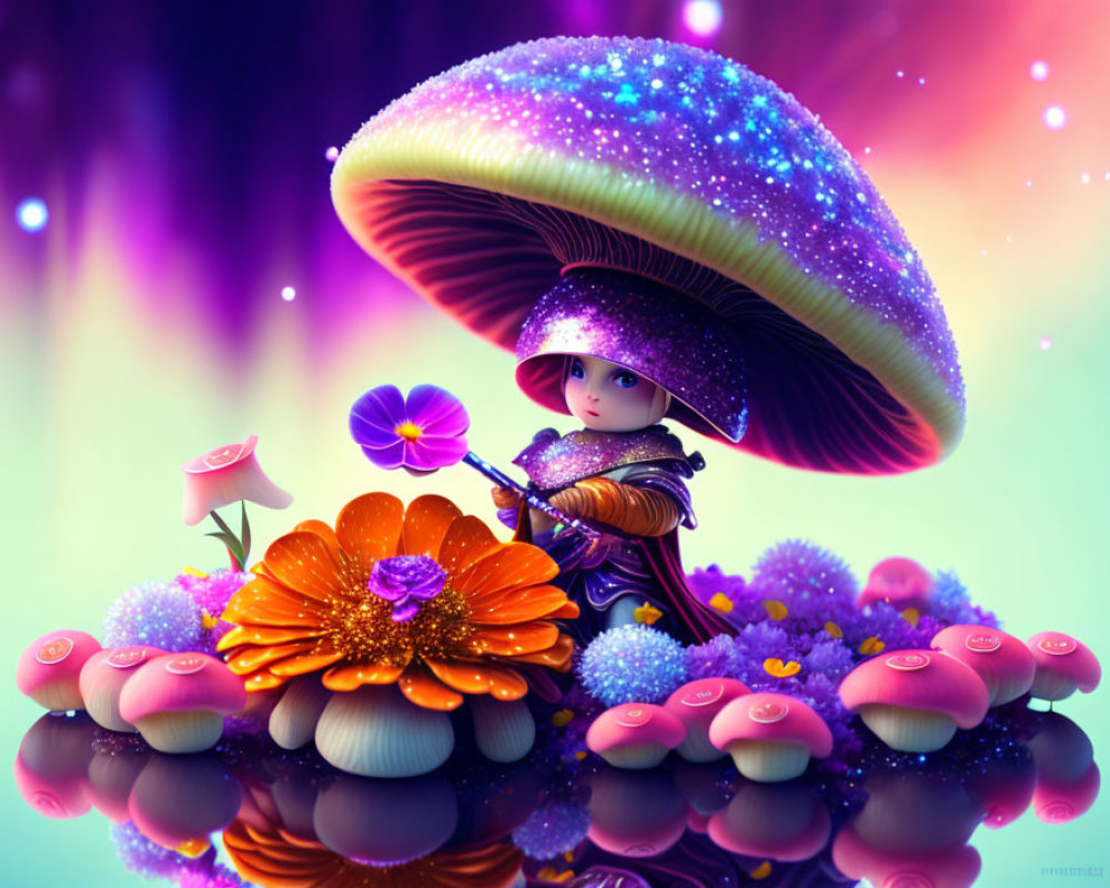 Colorful Character Illustration with Mushroom Hat and Flower on Vibrant Background
