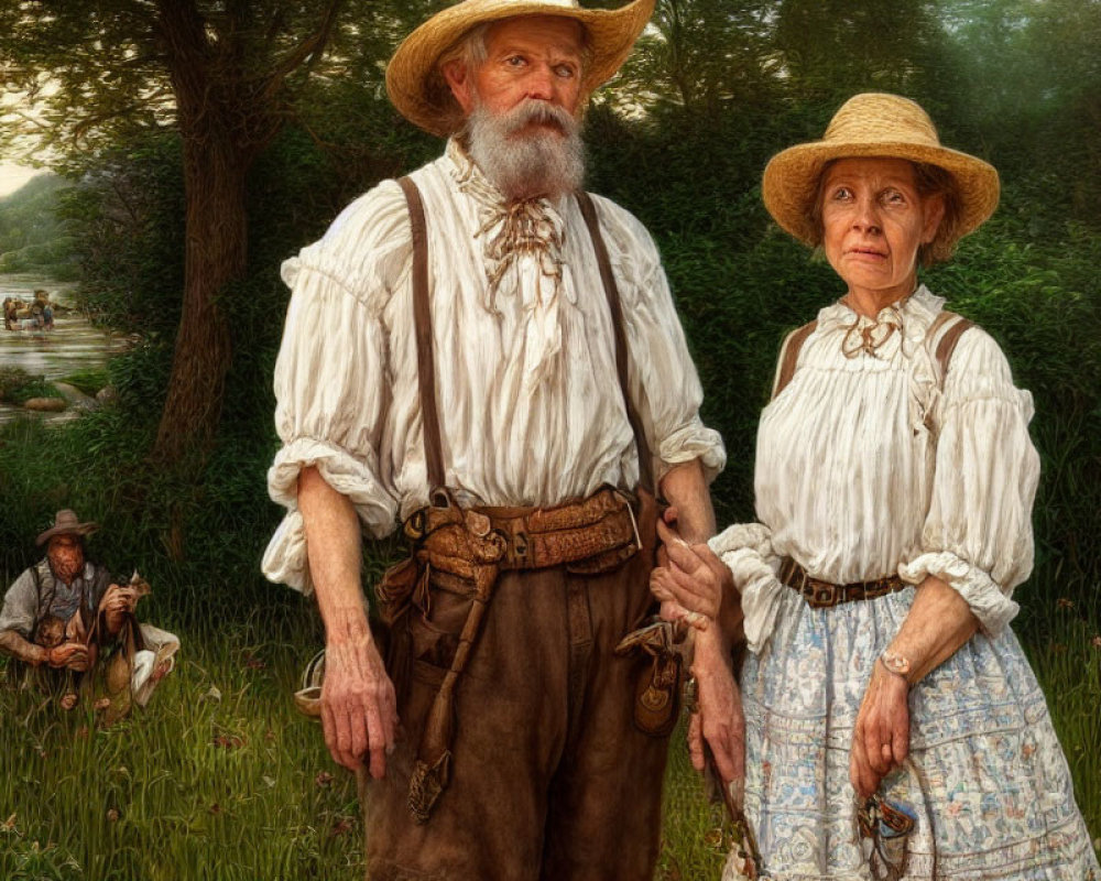 Elderly couple in vintage peasant attire with man by river in background