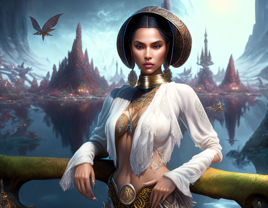 Regal woman in traditional garments with gold jewelry in fantasy landscape