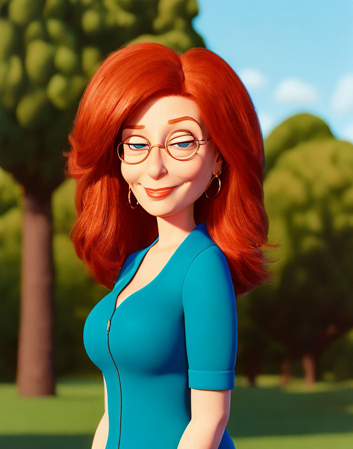 Red-haired female character in blue dress with glasses in 3D animation smiling in nature setting.