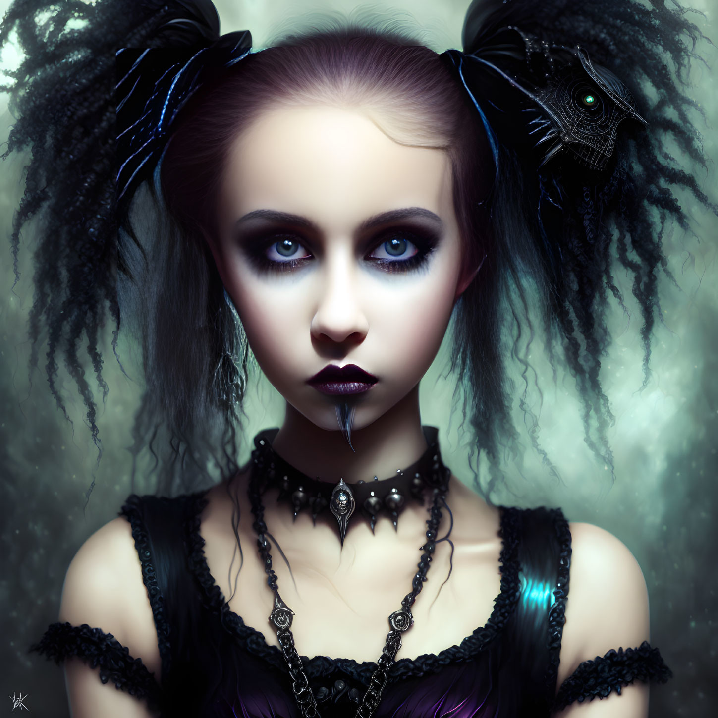 Gothic female portrait with blue eyes, dark lipstick, and lace attire