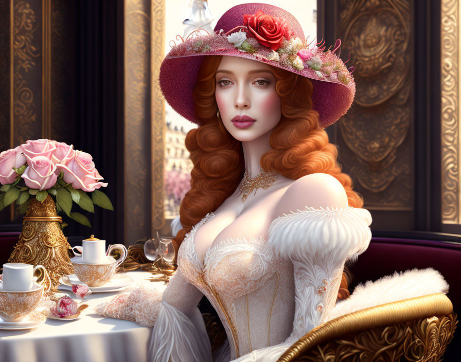 Vintage dress and floral hat: Elegant woman at tea table exudes classical luxury