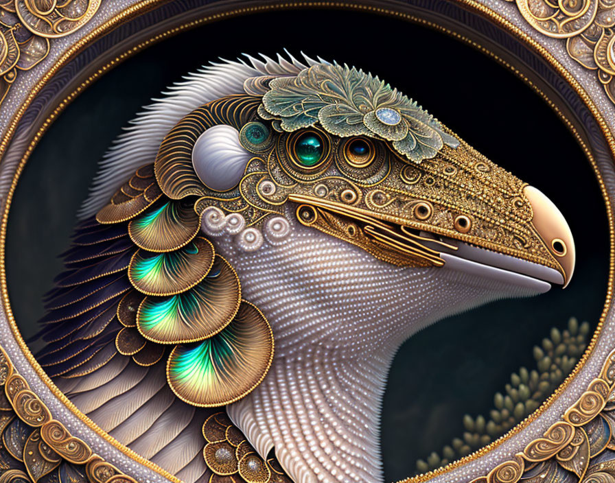 Detailed digital artwork of eagle head with metallic feathers and steampunk design.