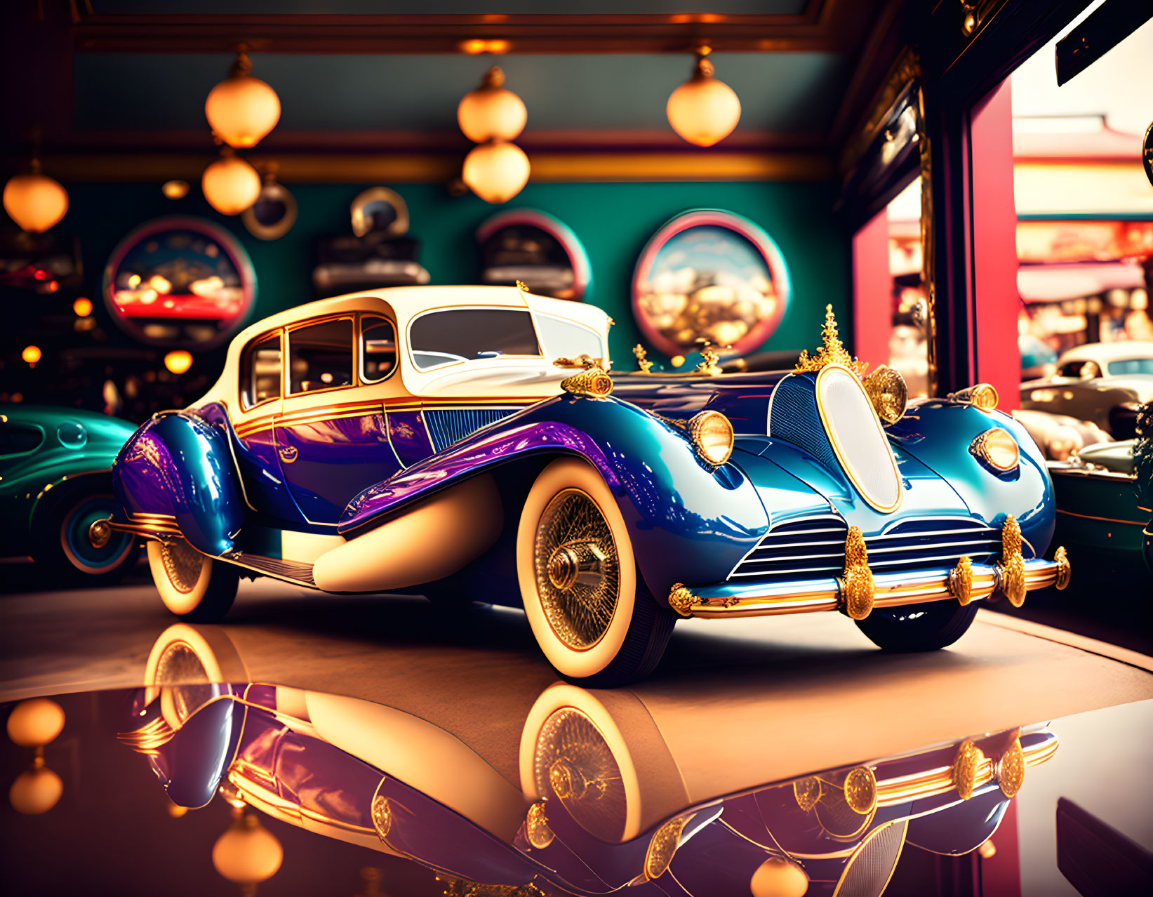 Vintage Blue Car with Golden Accents in Showroom Setting