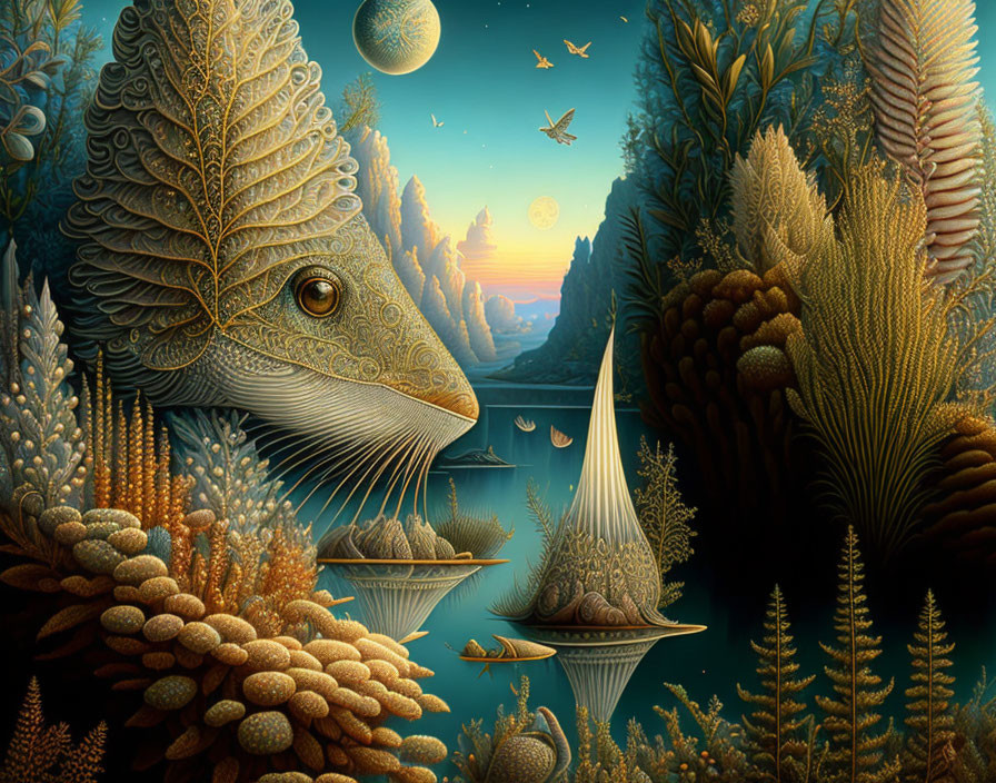 Surreal landscape with chameleon blending into lush forest, boats among coral-like trees, planets in