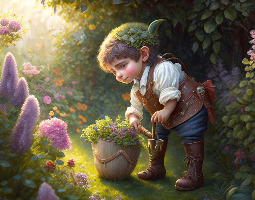 Child in fantasy attire exploring garden with flowers