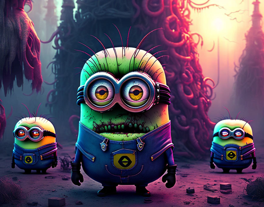 Three Stylized Minions in Dark, Eerie Forest