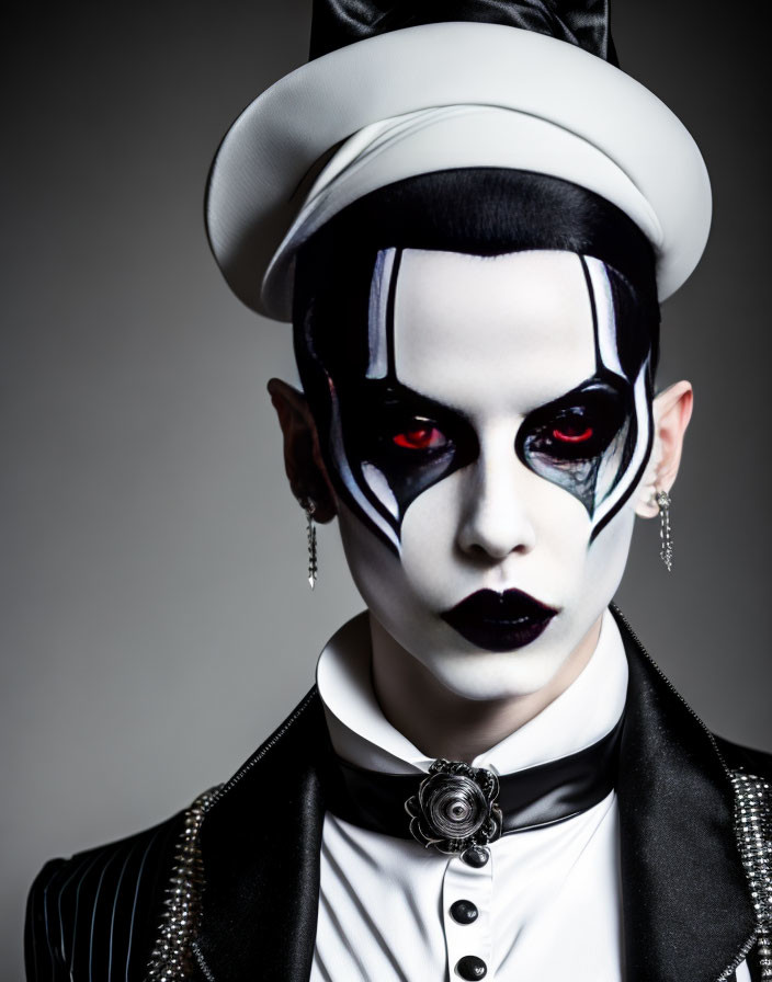 Black and white dramatic face makeup with red eyes, top hat, brooch, and earrings