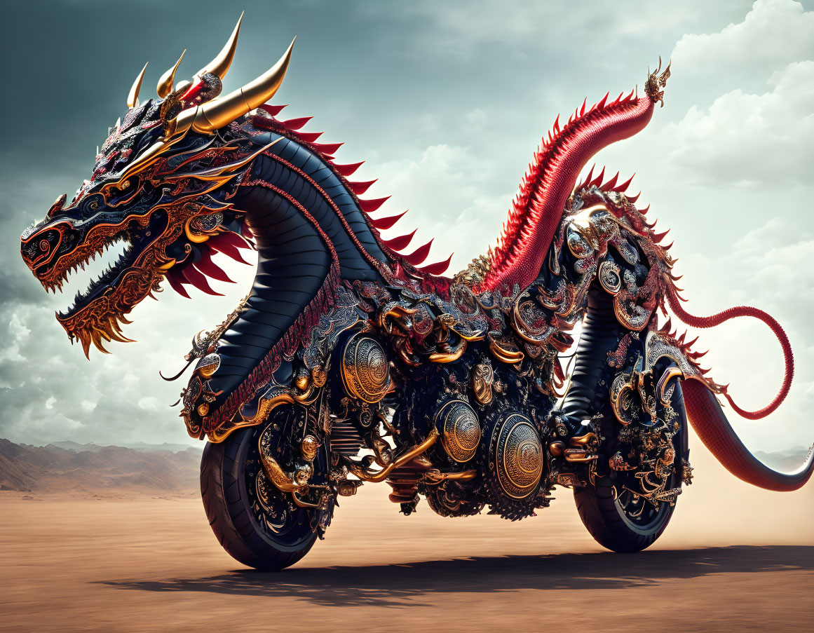 Intricate metallic dragon-shaped motorcycle in desert setting