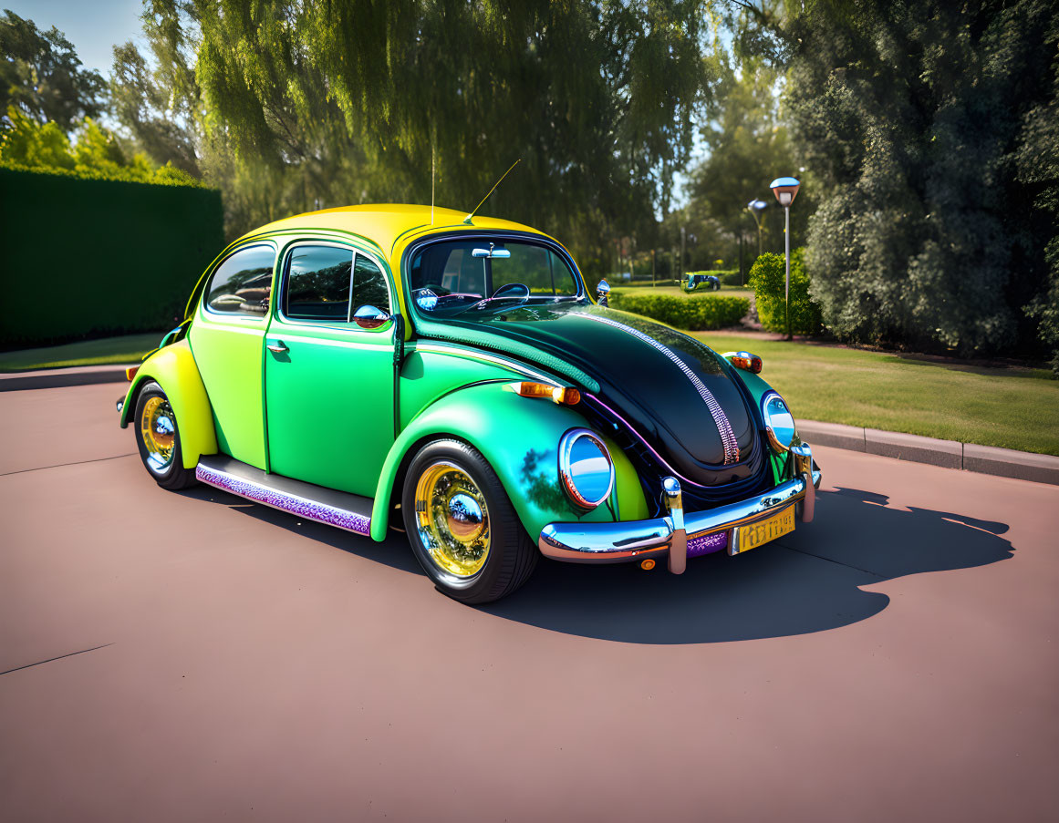 Customized Volkswagen Beetle in green and purple hues parked in scenic setting