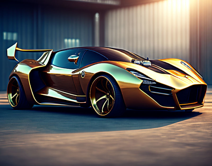 Golden sports car with black stripes and rear spoiler parked in warehouse.