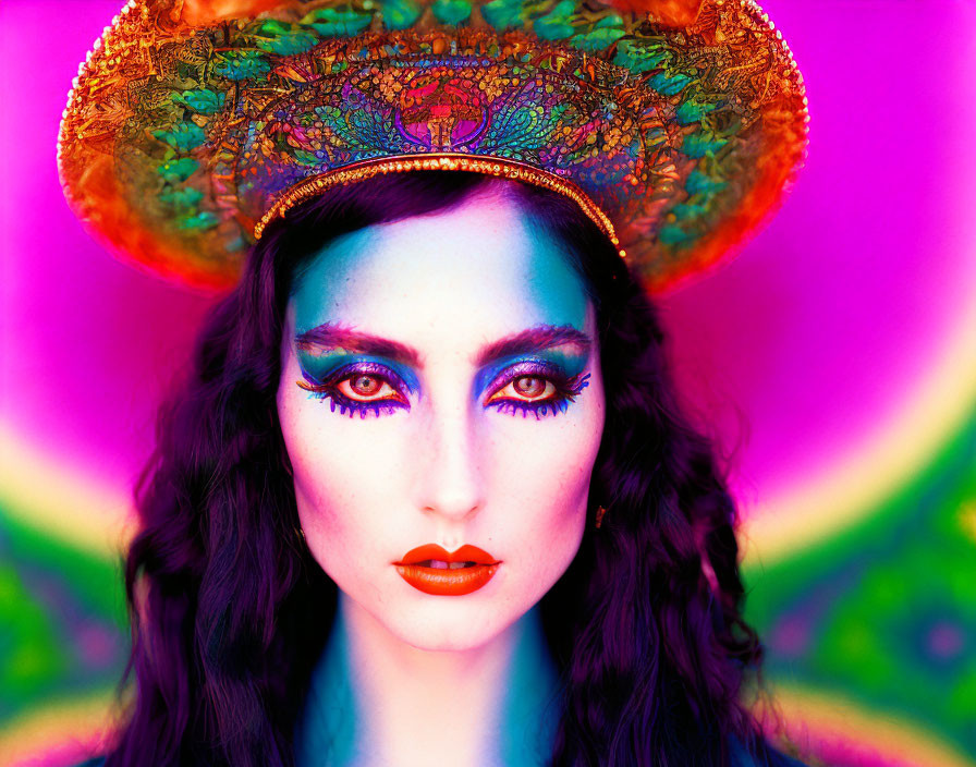 Colorful makeup and ornate headdress on person in front of vibrant background.