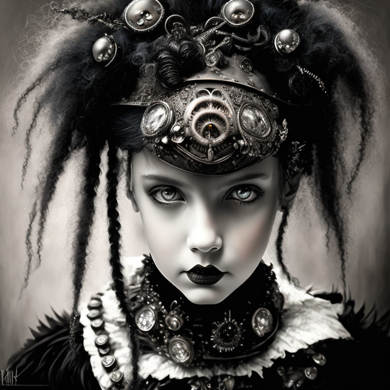 Monochrome portrait of person in gothic steampunk headpiece with intense gaze.