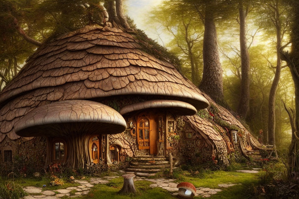 Whimsical mushroom houses in enchanted forest landscape