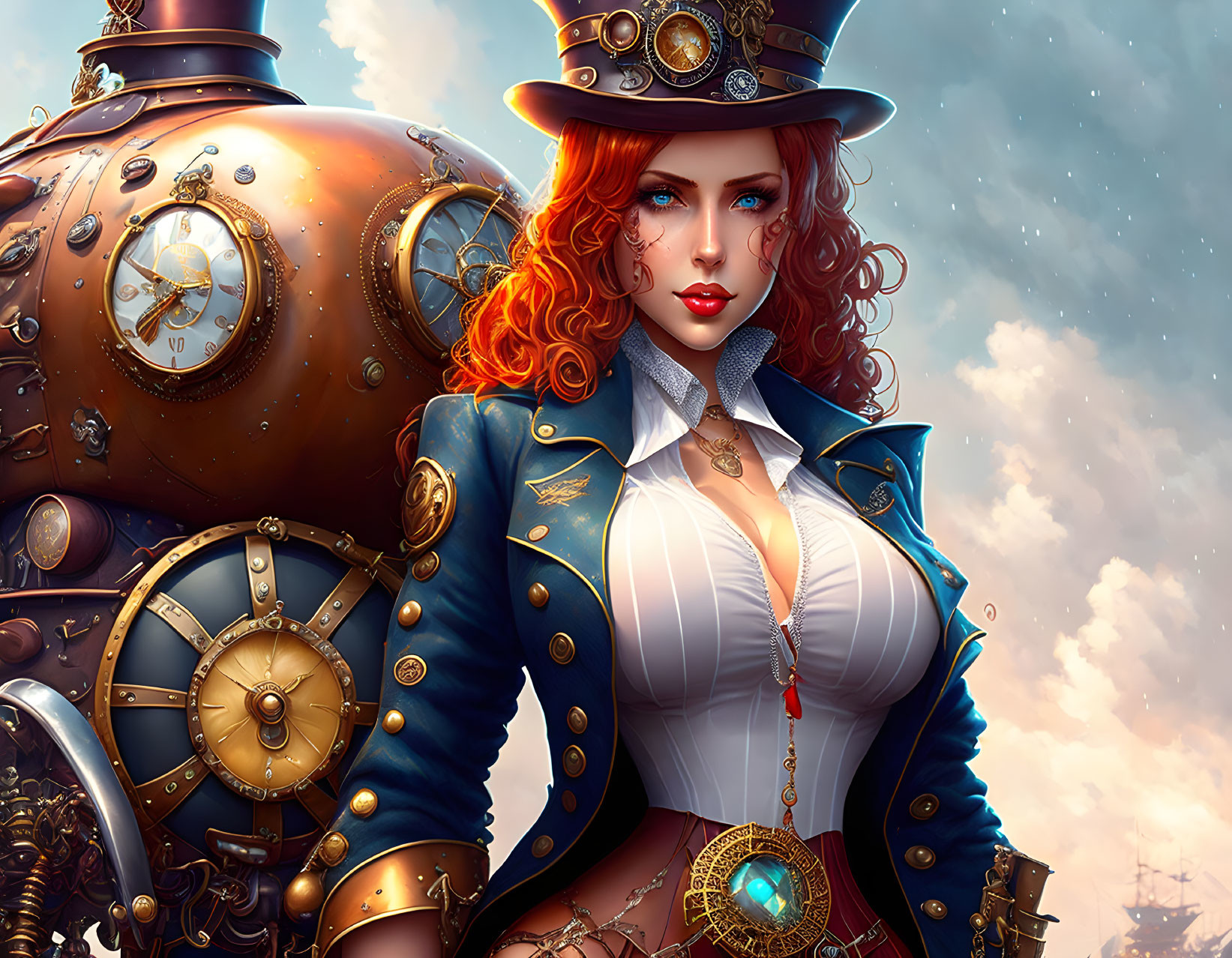 Steampunk-themed illustration of woman with red hair and top hat