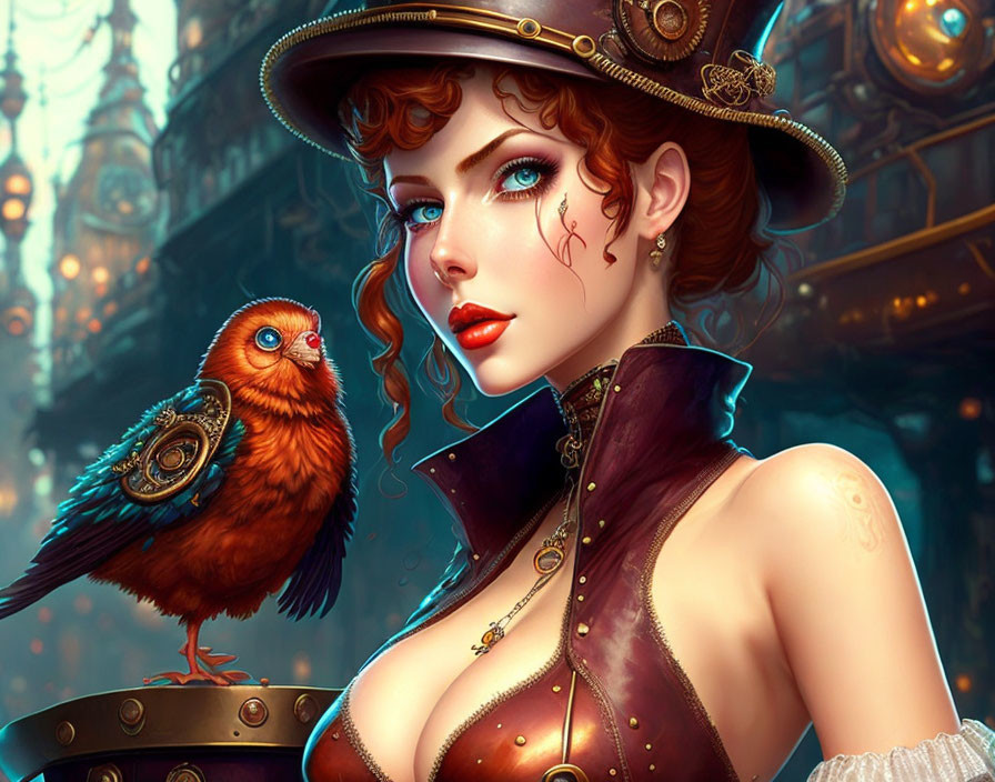 Digital artwork featuring woman in steampunk attire with mechanical bird on hand against moody industrial backdrop.