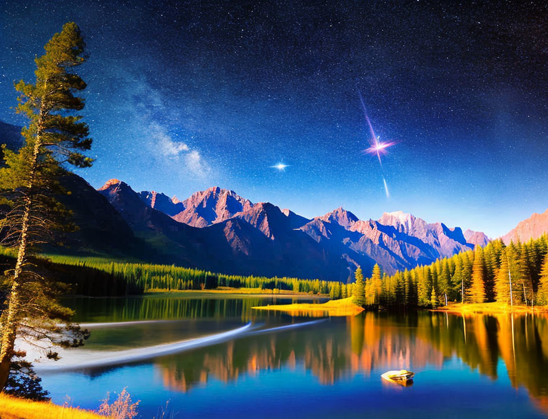 Night sky with lake, forest, mountain, meteor streak, Milky Way
