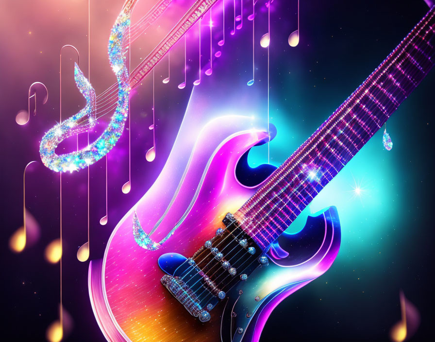 Colorful Guitar Illustration with Neon Gradients and Musical Notes on Cosmic Background