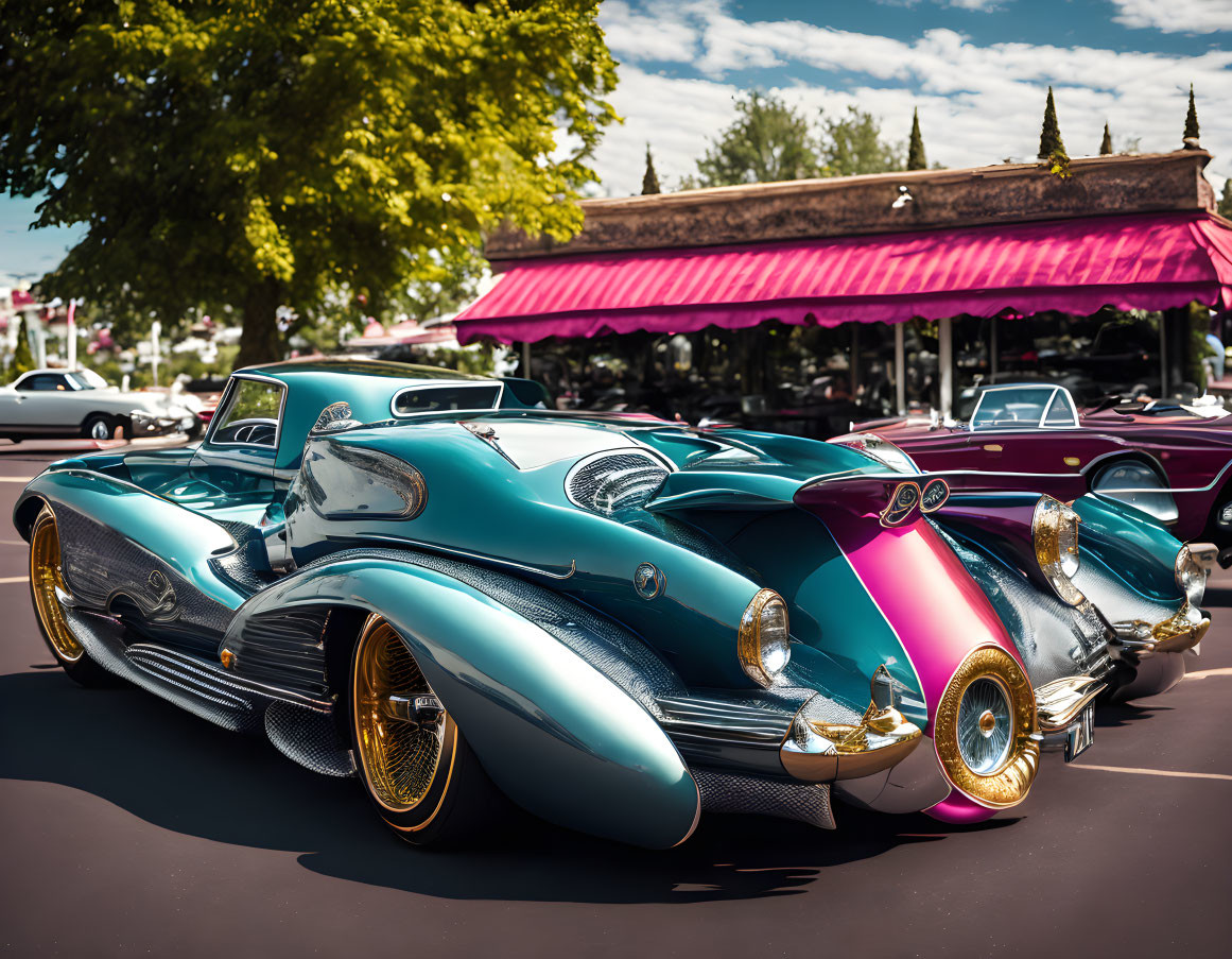 Custom Vintage Car with Teal and Pink Design, Extravagant Fenders & Gold Accents