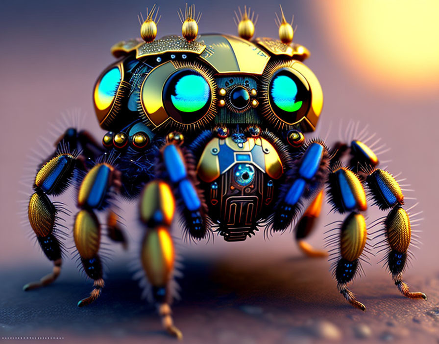Intricate Golden and Blue Mechanical Spider with Metallic Legs