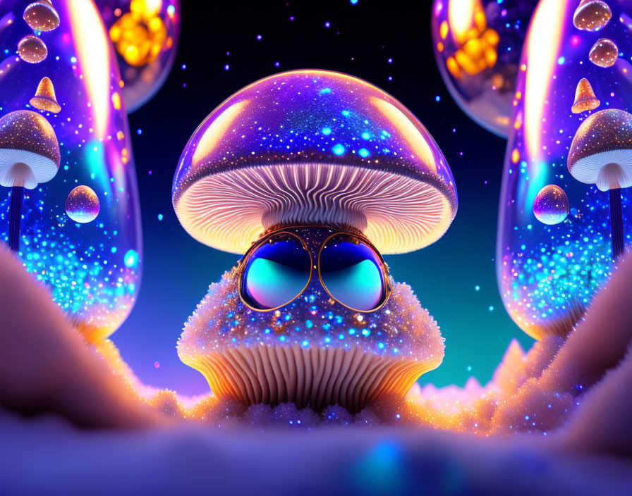 Colorful digital artwork of mushroom with glowing edges and aviator sunglasses in cosmic setting.