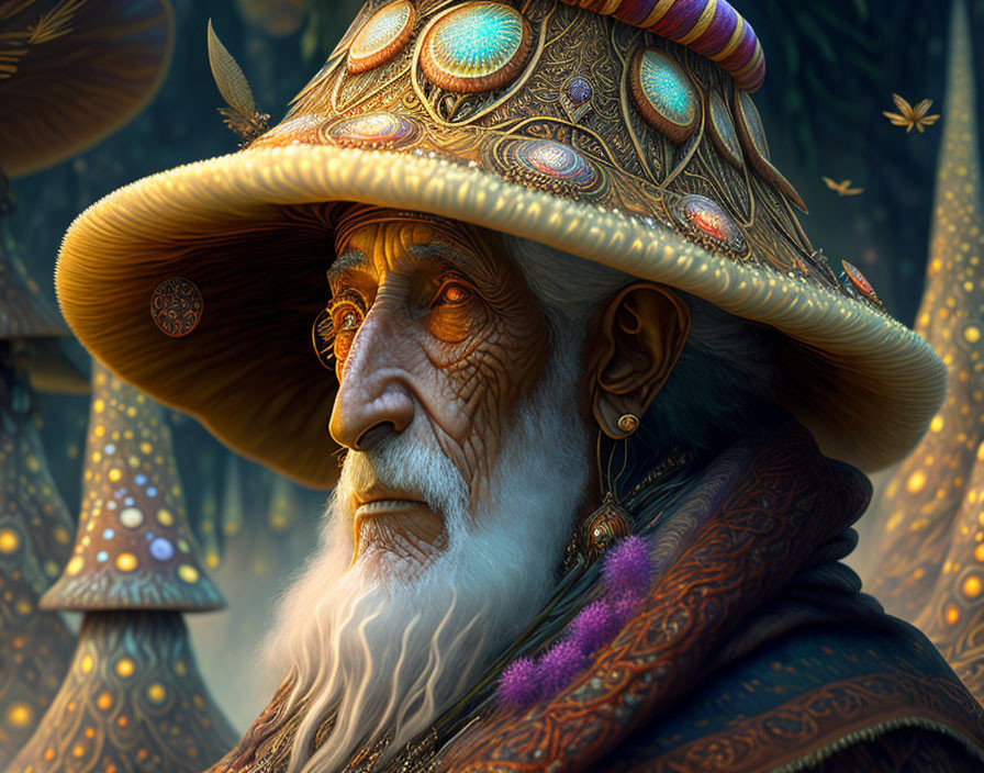Elderly bearded fantasy character with mushroom cap hat in mystical forest