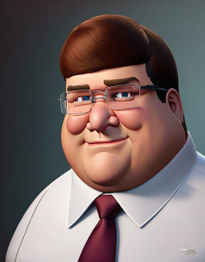 Chubby man with brown hair, glasses, white shirt, maroon tie