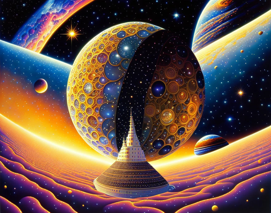 Colorful cosmic painting with celestial bodies, tower, moon, and geometric patterns