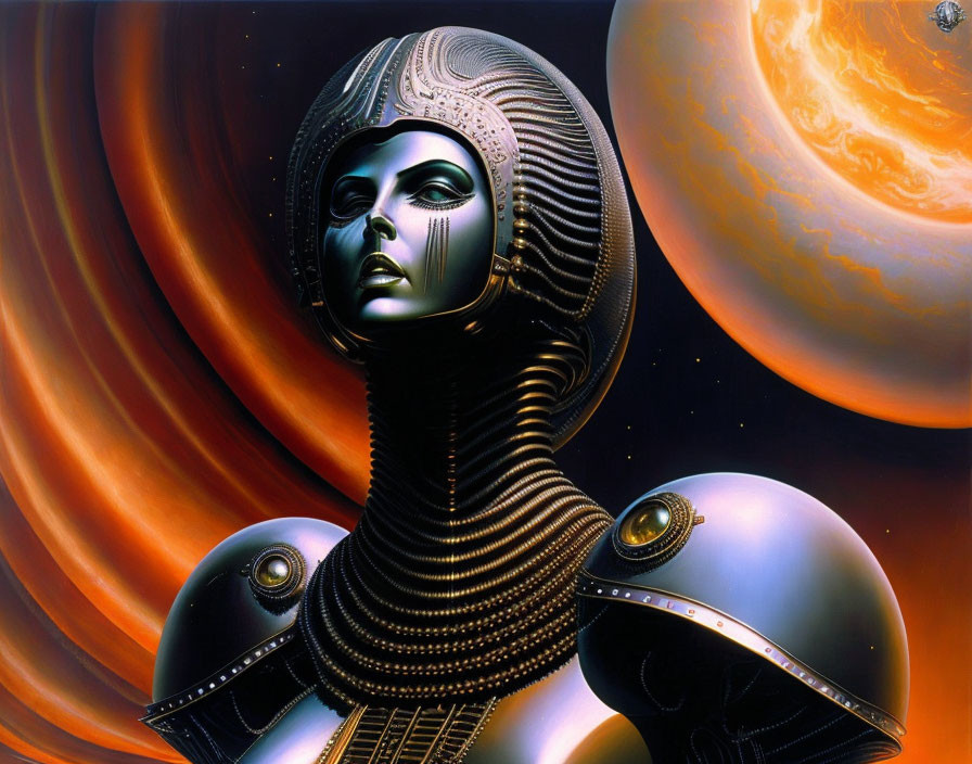 Detailed futuristic female android in metallic suit amidst swirling planets and distant sun