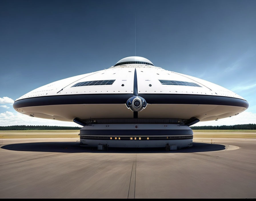 Saucer-shaped futuristic spacecraft with landing gear on tarmac