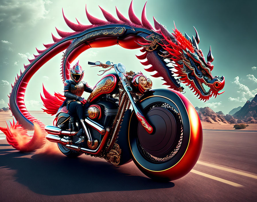 Knight in armor rides dragon-themed motorcycle in desert scene