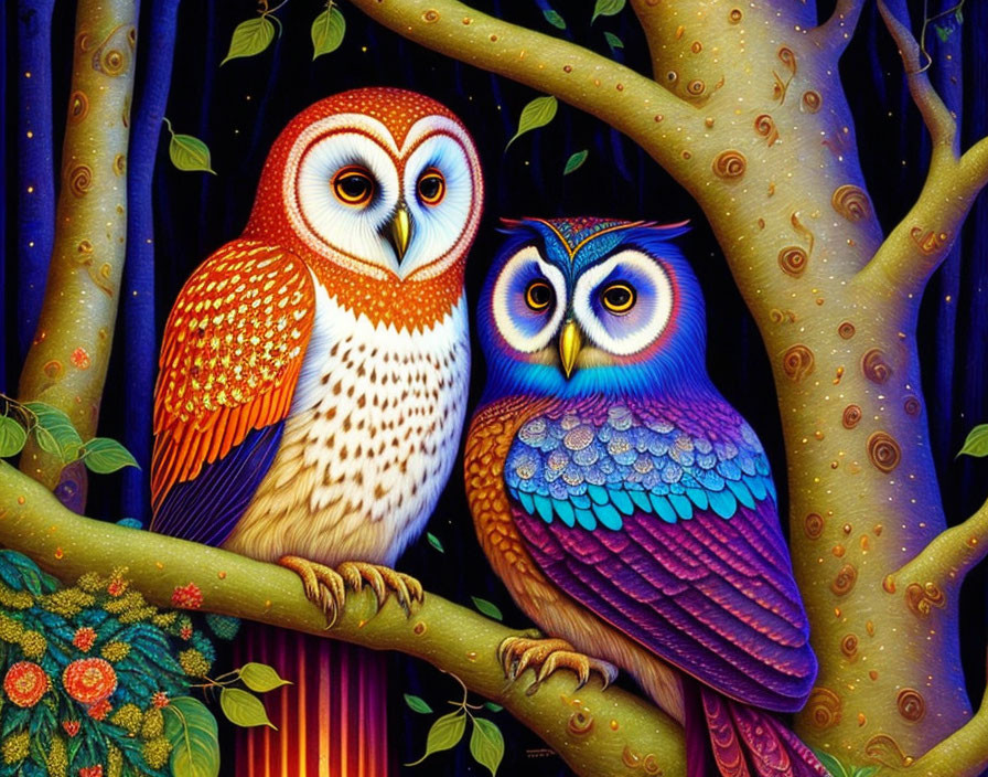 Colorful Stylized Owls Perched in Vibrant Forest Scene