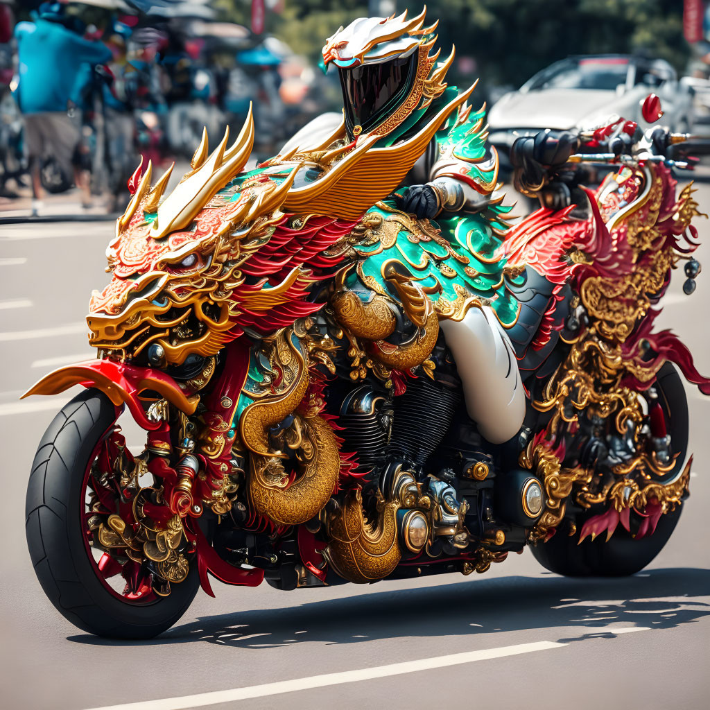 Custom Dragon-Themed Motorcycle in Gold, Red, and Green