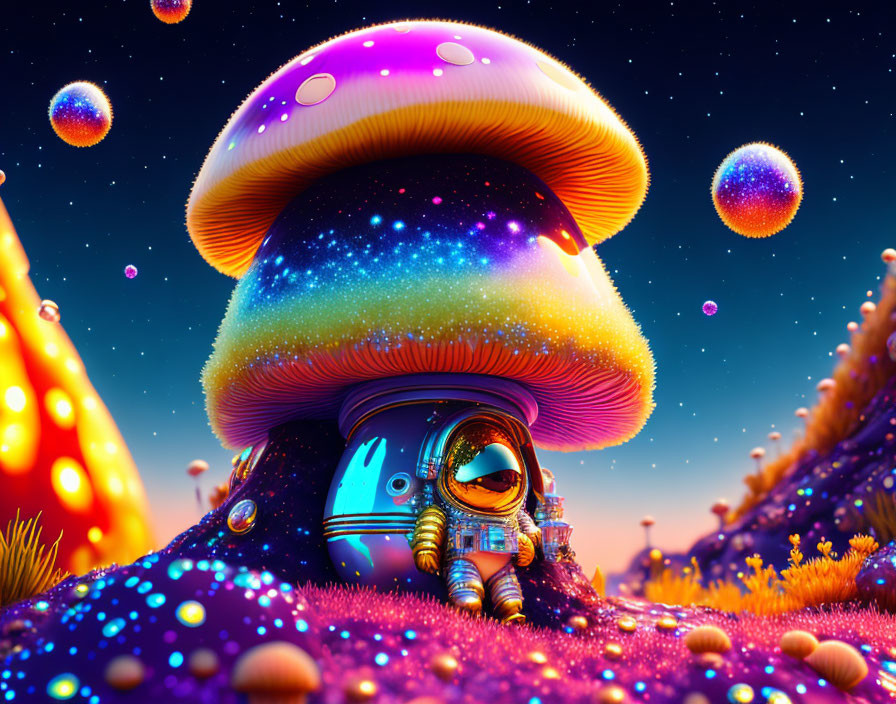 Colorful digital artwork: Astronaut under giant mushroom in cosmic landscape