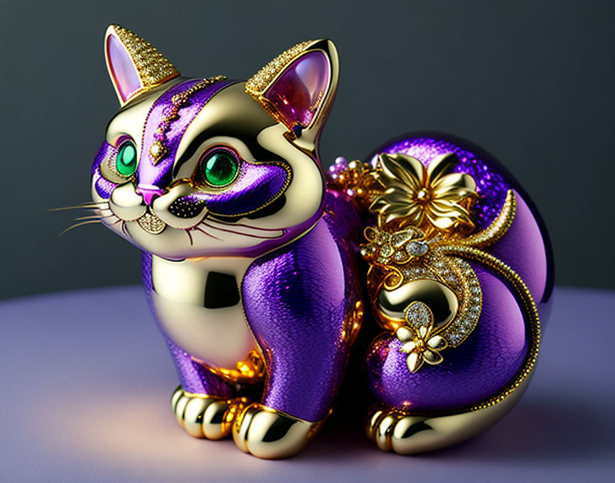 Purple and Gold Decorative Cat Figurine with Glitter, Jewels, and Floral Patterns