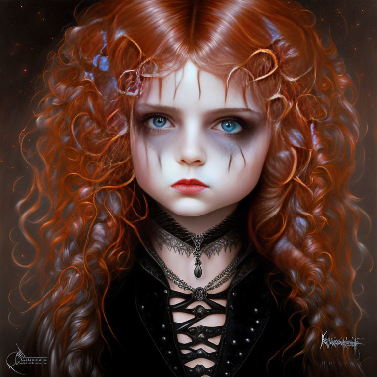 Vibrant red curly hair, intense blue eyes, gothic-style jewelry on young girl