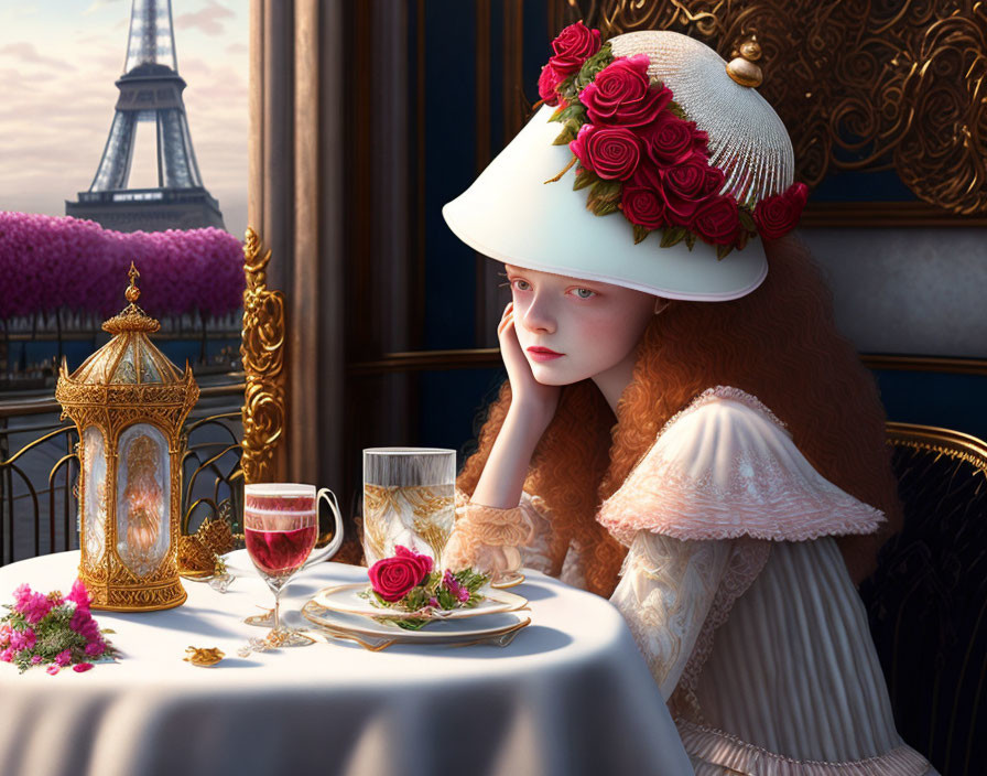 Young girl in vintage hat at ornate table with Eiffel Tower view