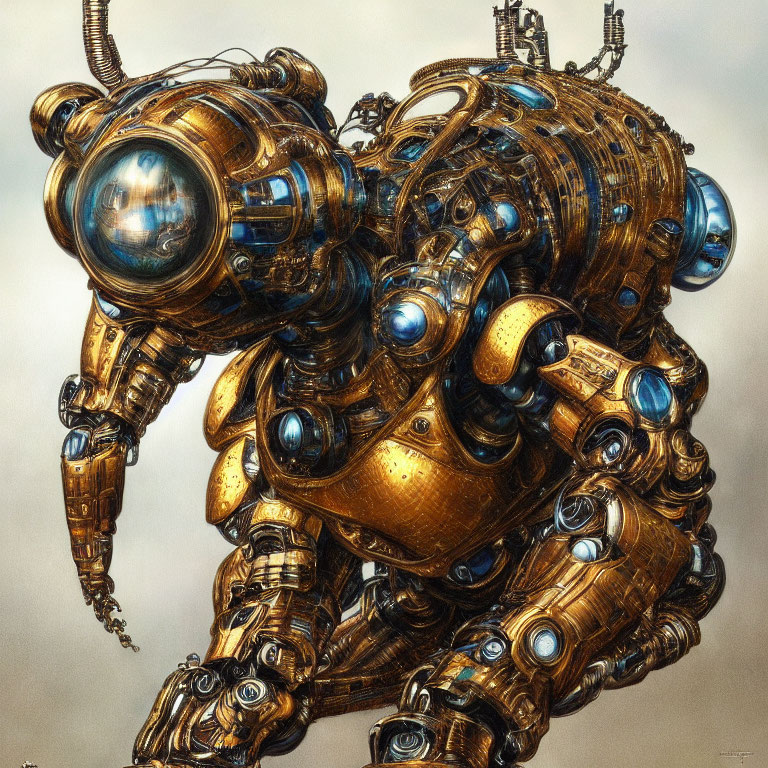 Detailed Steampunk Robot Illustration with Bronze Gears