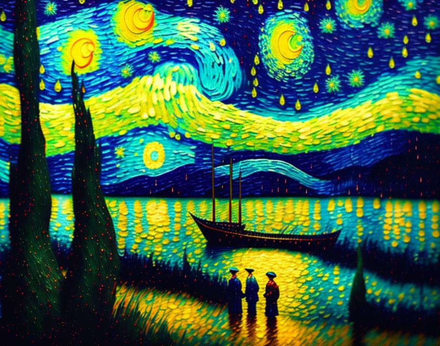 Vibrant Stylized Interpretation of "Starry Night" with Figures and Boat