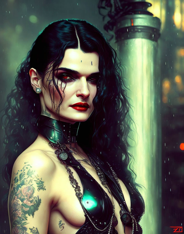 Dark-haired woman with red lipstick and tattoos in urban setting