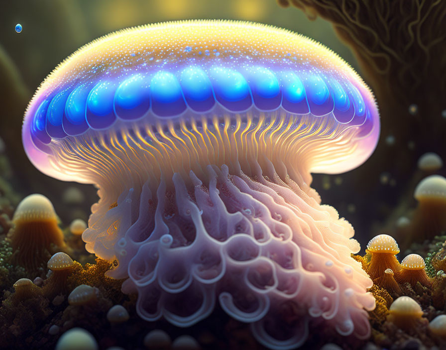 Bioluminescent jellyfish with translucent bell and tentacles in coral reef.