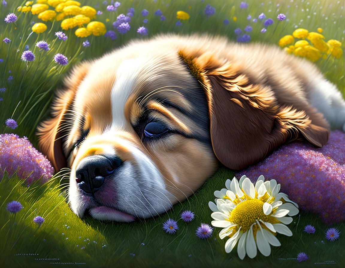 Brown and White Fur Puppy Resting in Sunny Meadow with Yellow Flowers