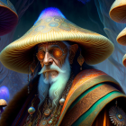 Elder wizard with mushroom cap hat in enchanted forest among glowing mushrooms