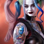 Colorful Woman Illustration with Blue and Red Hair, Choker, and Tattoo