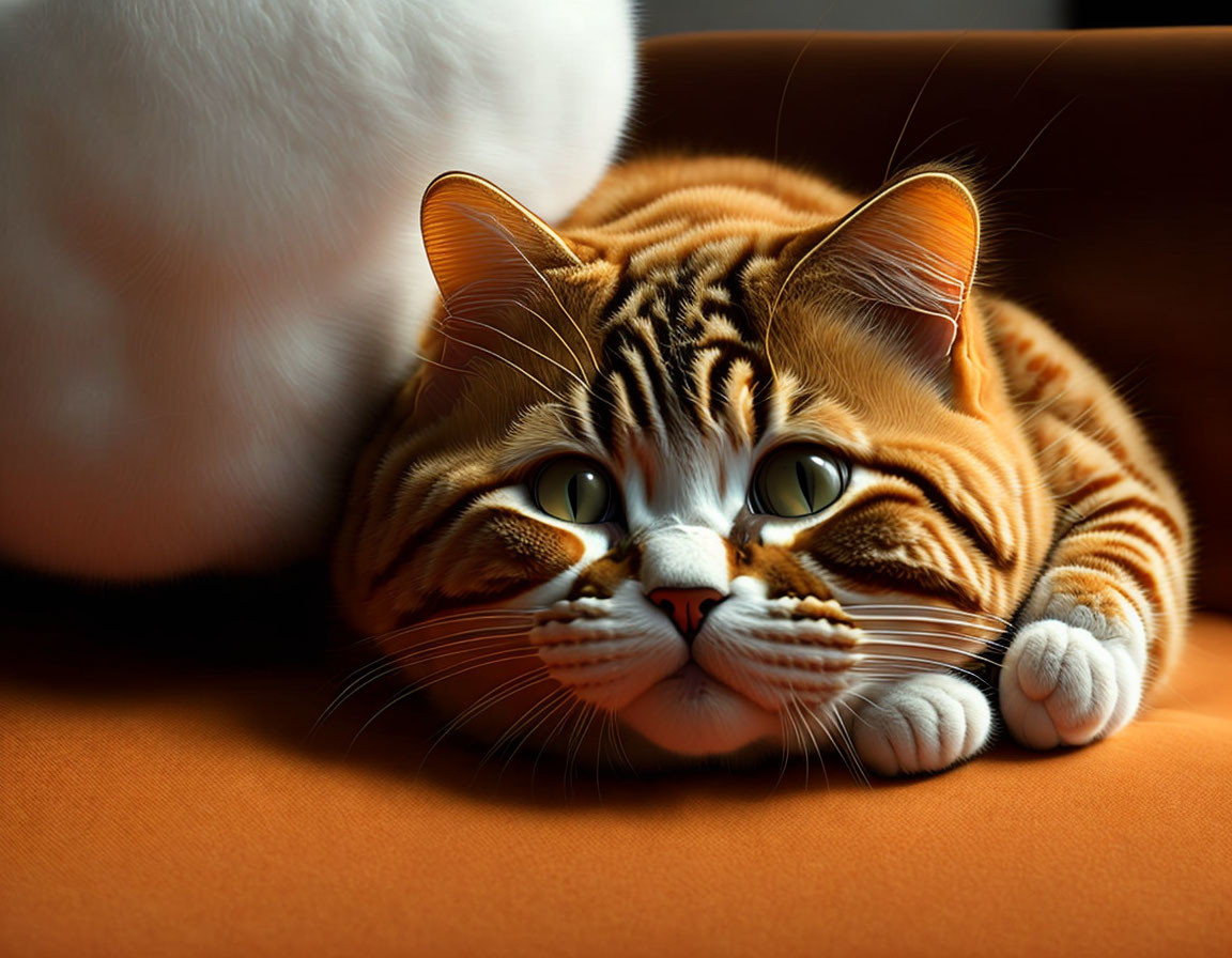 Orange Tabby Cat with Green Eyes Resting on Orange Surface